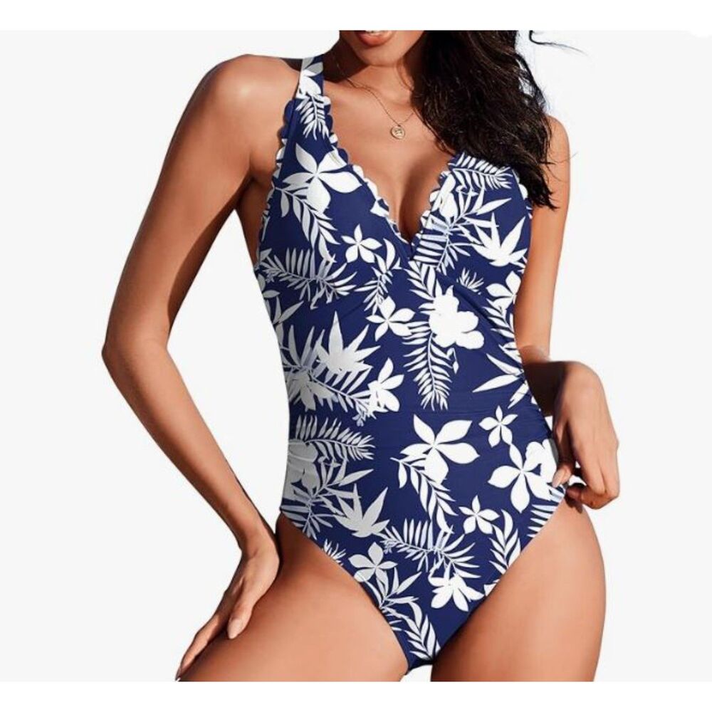 Ai'Mage NWT Blue White One Piece Swimsuit XL Criss Cross Back Adjustable Straps - Picture 3 of 7